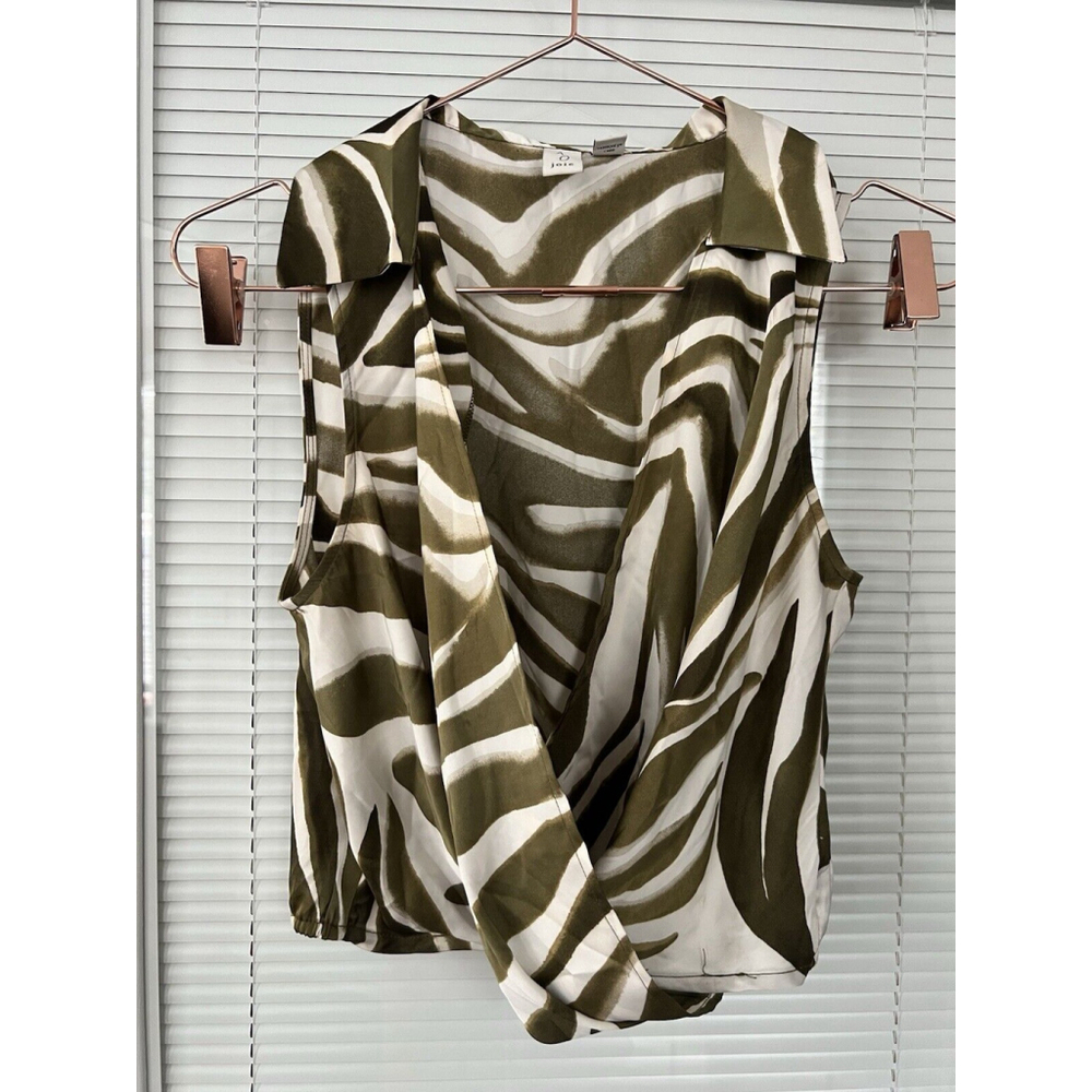 Joie sleeveless green white satin zebra print wrap pullover with elastic bottom